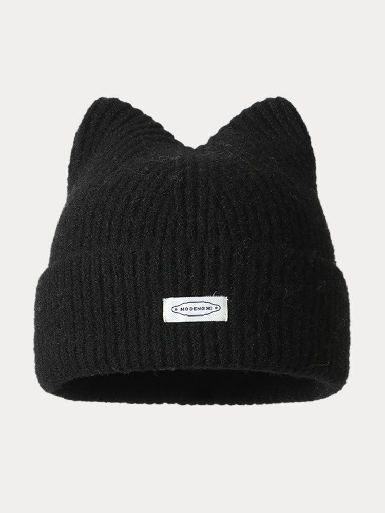 Fashion Plush Meowing Label Beanie - Black