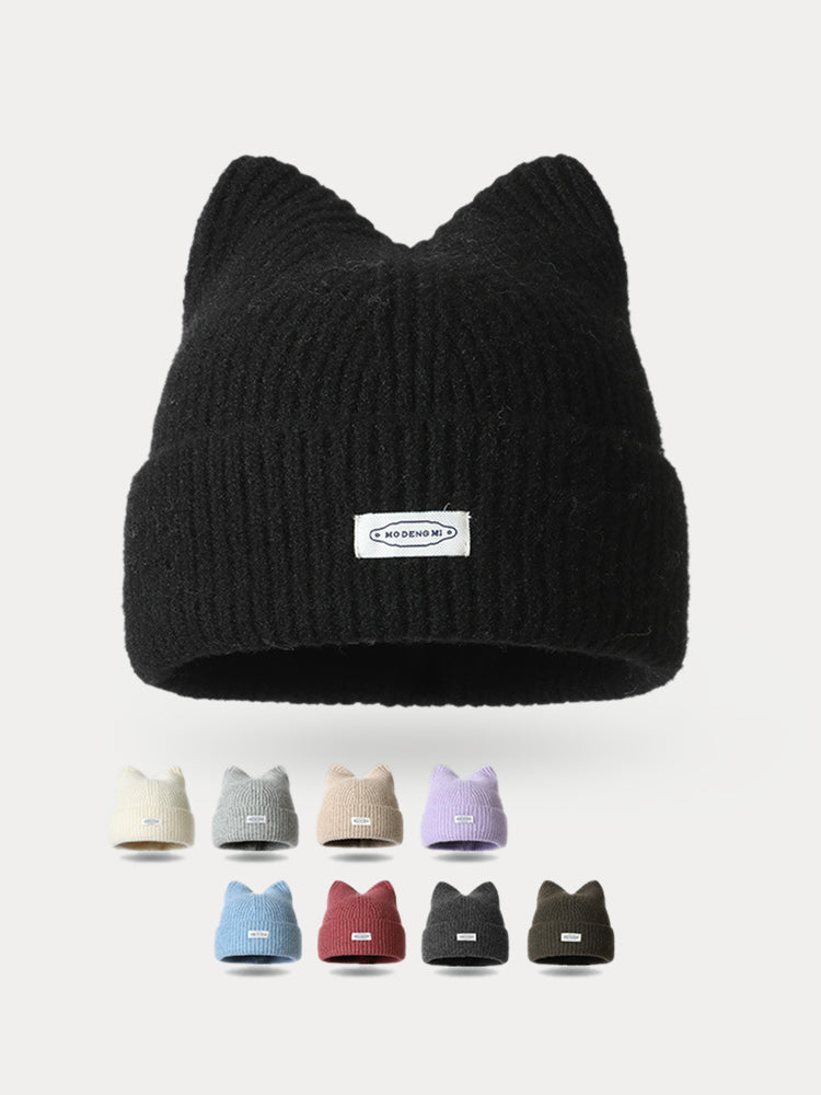 Fashion Plush Meowing Label Beanie - Black