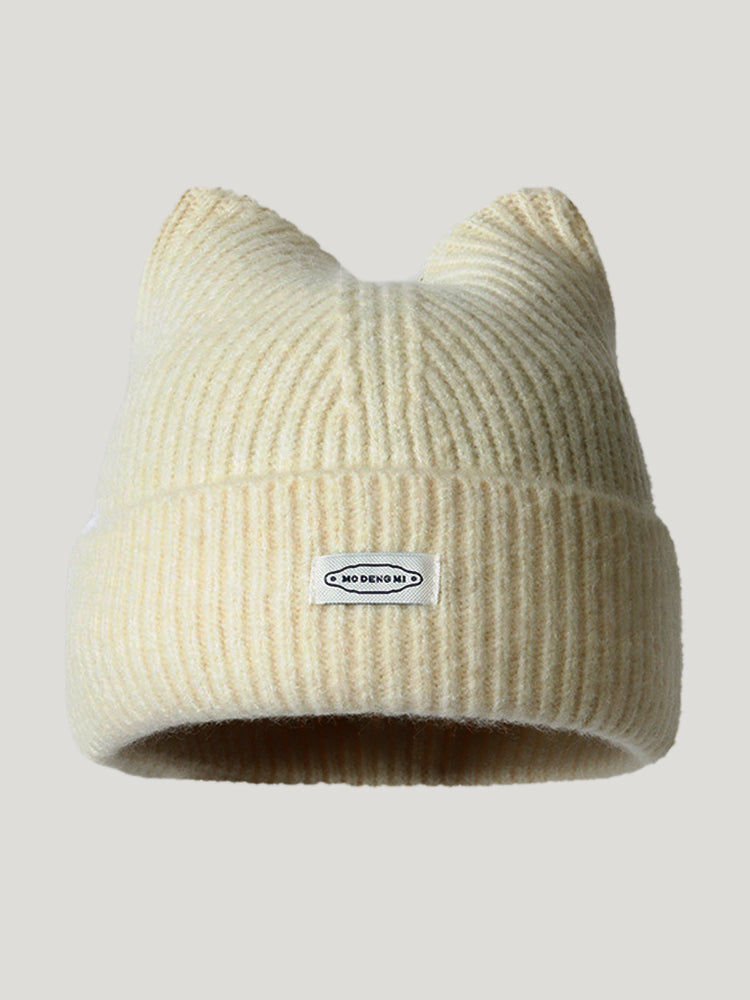 Fashion Plush Meowing Label Beanie - Beige