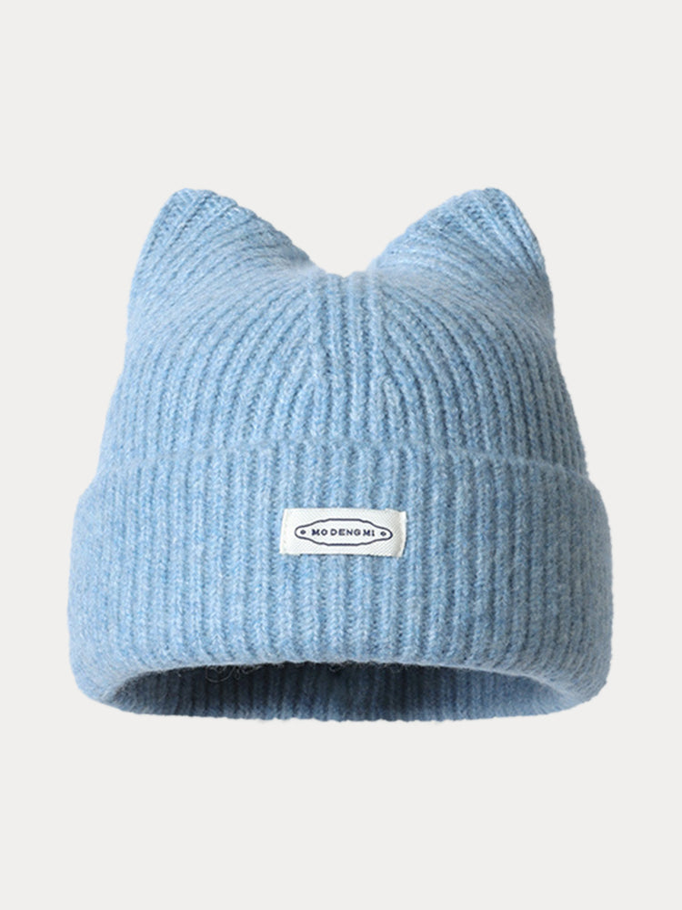 Fashion Plush Meowing Label Beanie - Blue