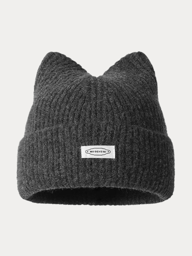 Fashion Plush Meowing Label Beanie - Dark Gray