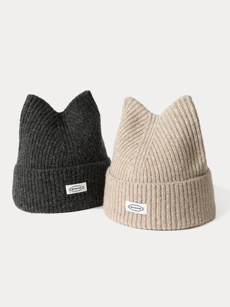 Fashion Plush Meowing Label Beanie - Dark Gray