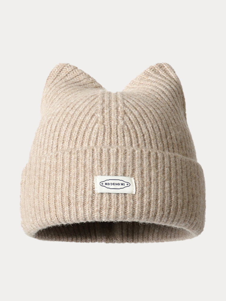 Fashion Plush Meowing Label Beanie - Khaki
