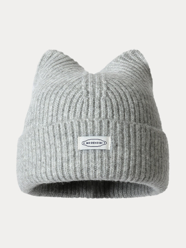 Fashion Plush Meowing Label Beanie - Light Gray
