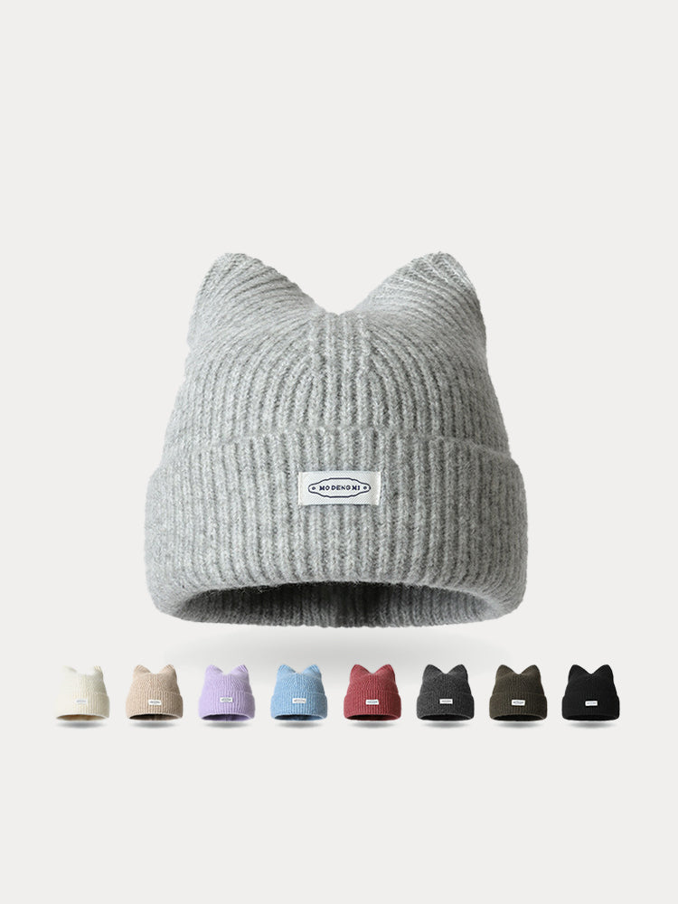 Fashion Plush Meowing Label Beanie - Light Gray