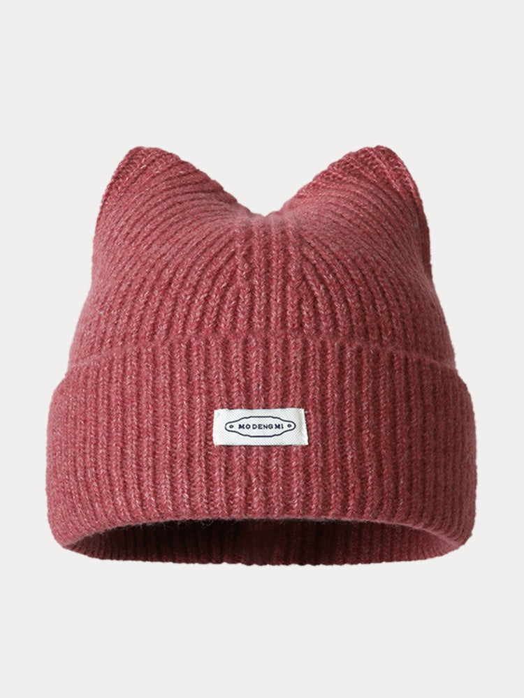 Fashion Plush Meowing Label Beanie - Red