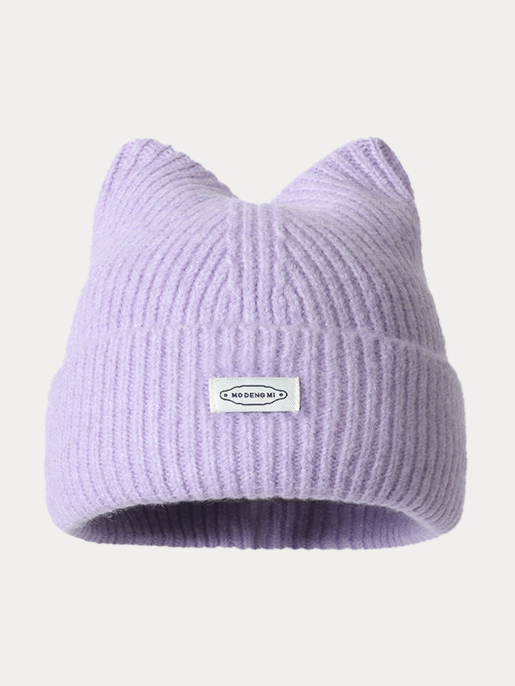 Fashion Plush Meowing Label Beanie - Lavender