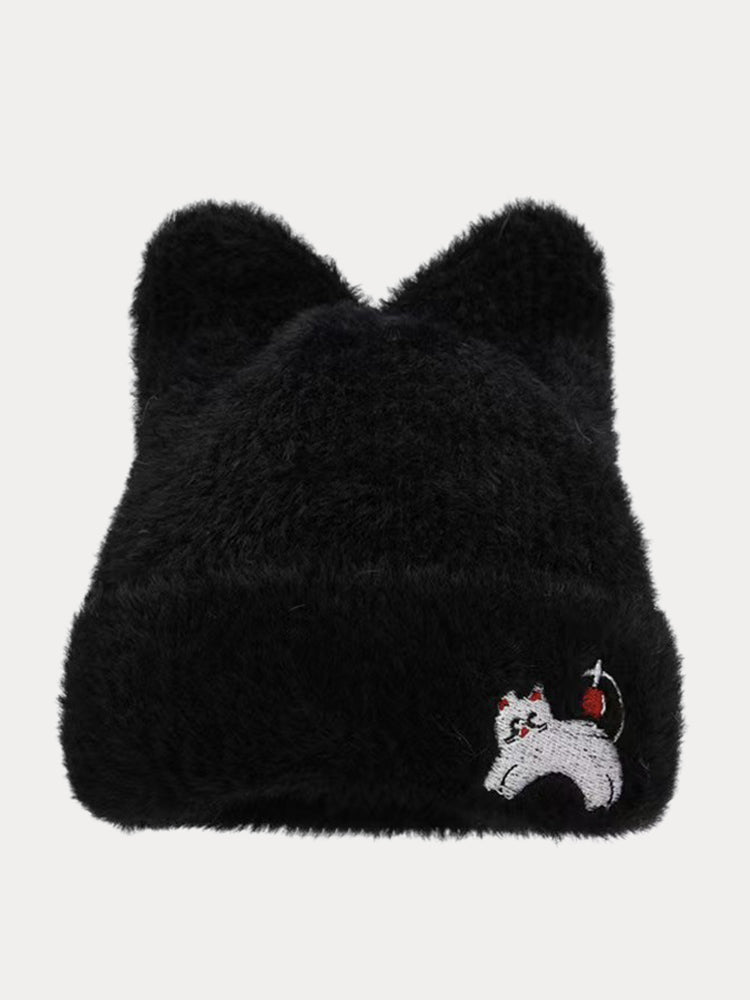 Trendy Cute Cat Fleece Meowing Beanie - Black