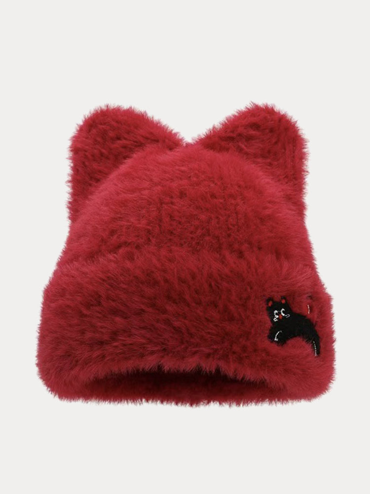 Trendy Cute Cat Fleece Meowing Beanie - Red