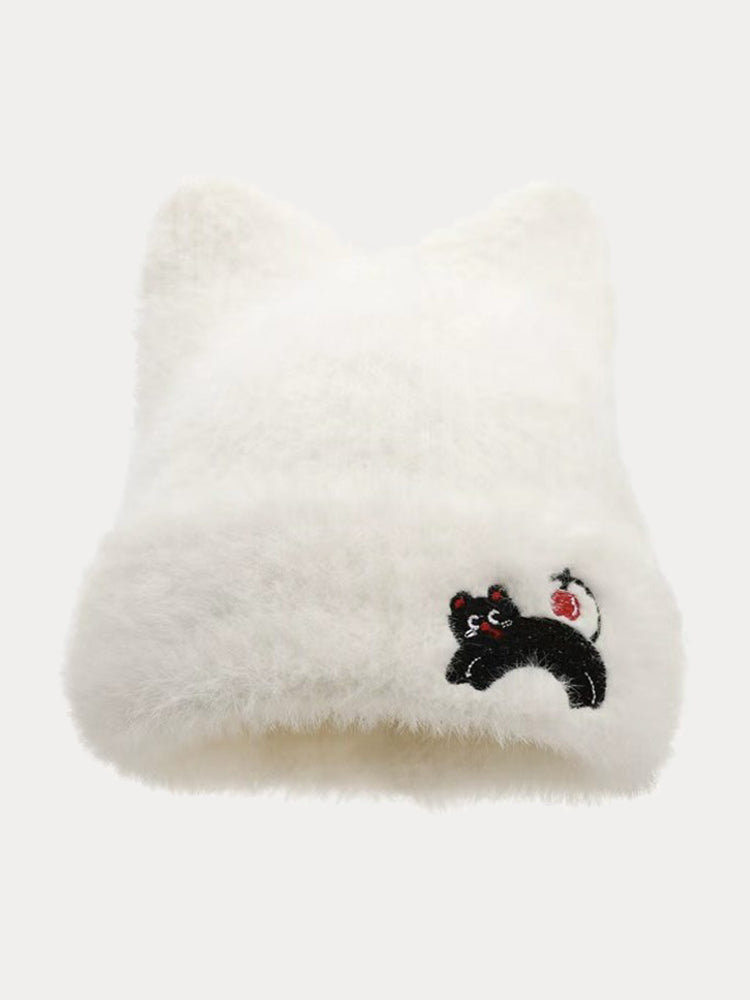 Trendy Cute Cat Fleece Meowing Beanie - White
