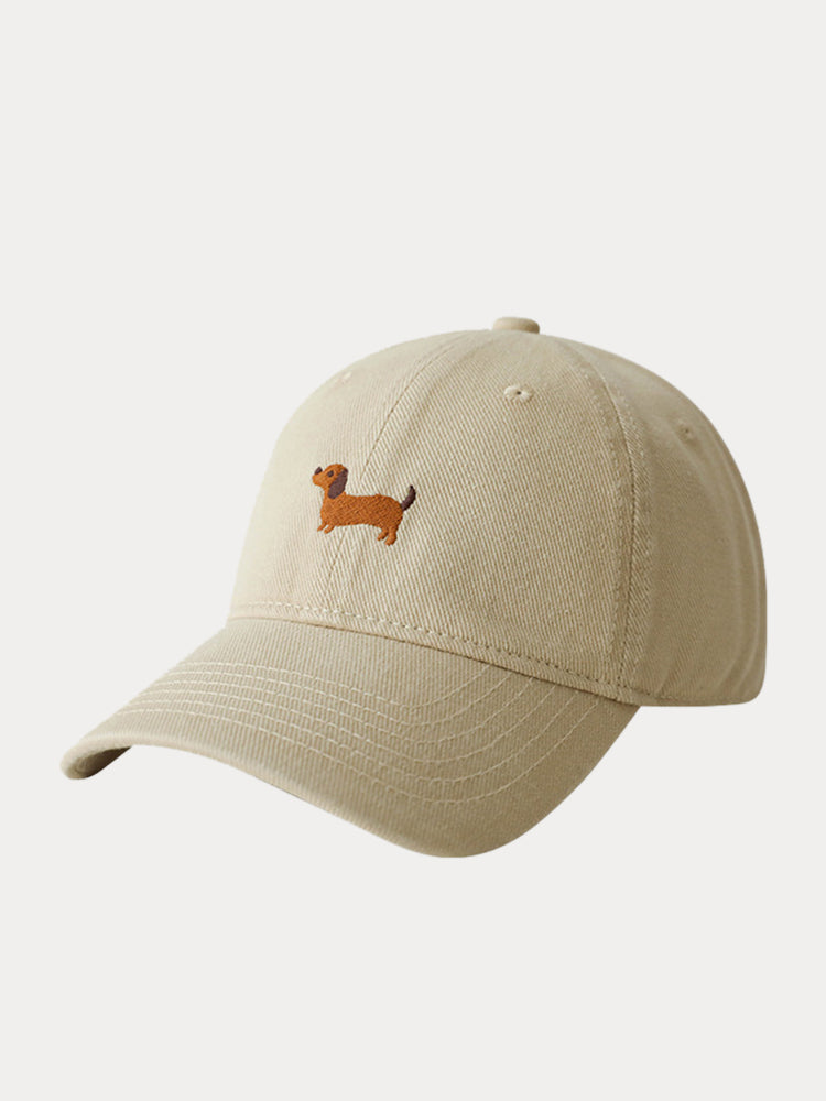 Casual Embroidered Sausage Dog Cotton Baseball Cap - Beige