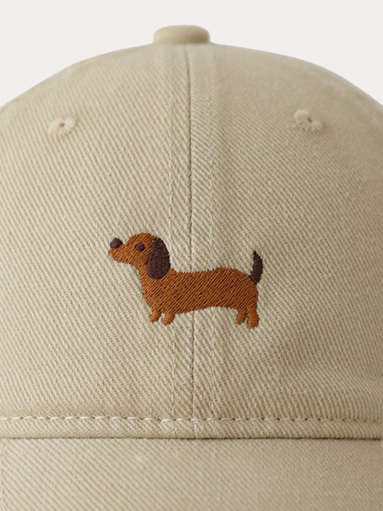 Casual Embroidered Sausage Dog Cotton Baseball Cap - Beige