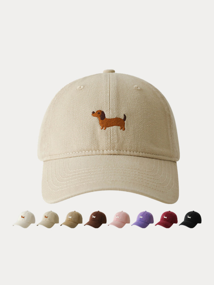 Casual Embroidered Sausage Dog Cotton Baseball Cap - Beige