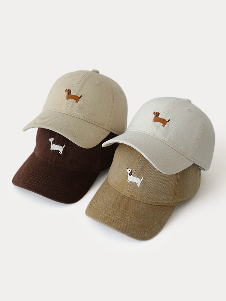Casual Embroidered Sausage Dog Cotton Baseball Cap - Beige