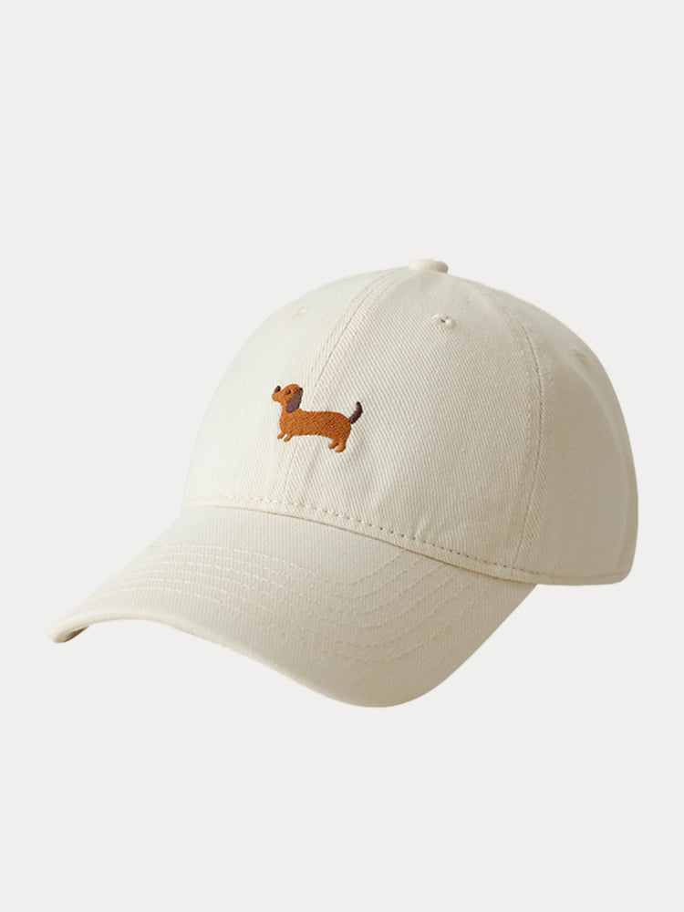 Casual Embroidered Sausage Dog Cotton Baseball Cap - White