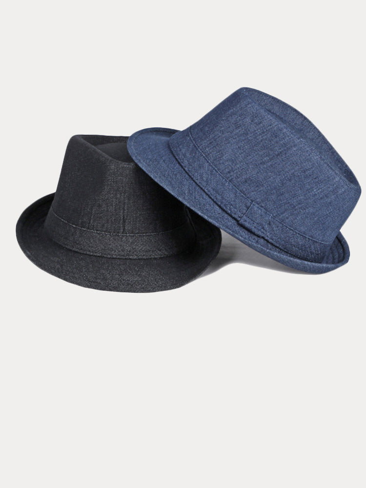 Classic Spring Summer Cotton Denim Fedora Hat - Black