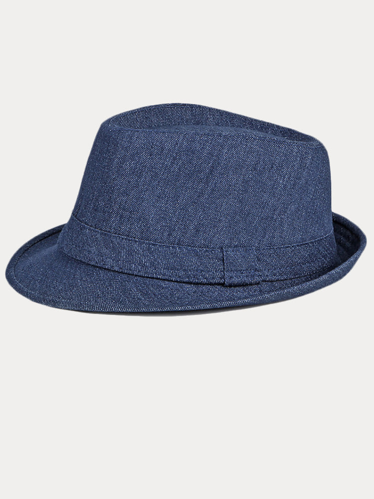 Classic Spring Summer Cotton Denim Fedora Hat - Navy Blue