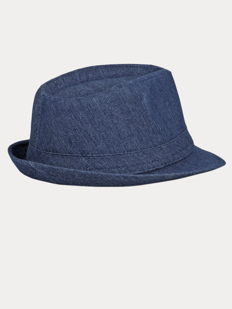 Classic Spring Summer Cotton Denim Fedora Hat - Navy Blue