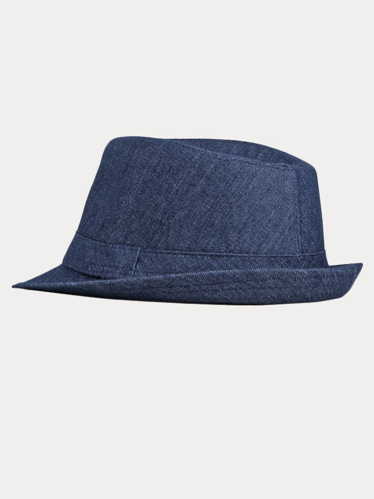 Classic Spring Summer Cotton Denim Fedora Hat - Navy Blue