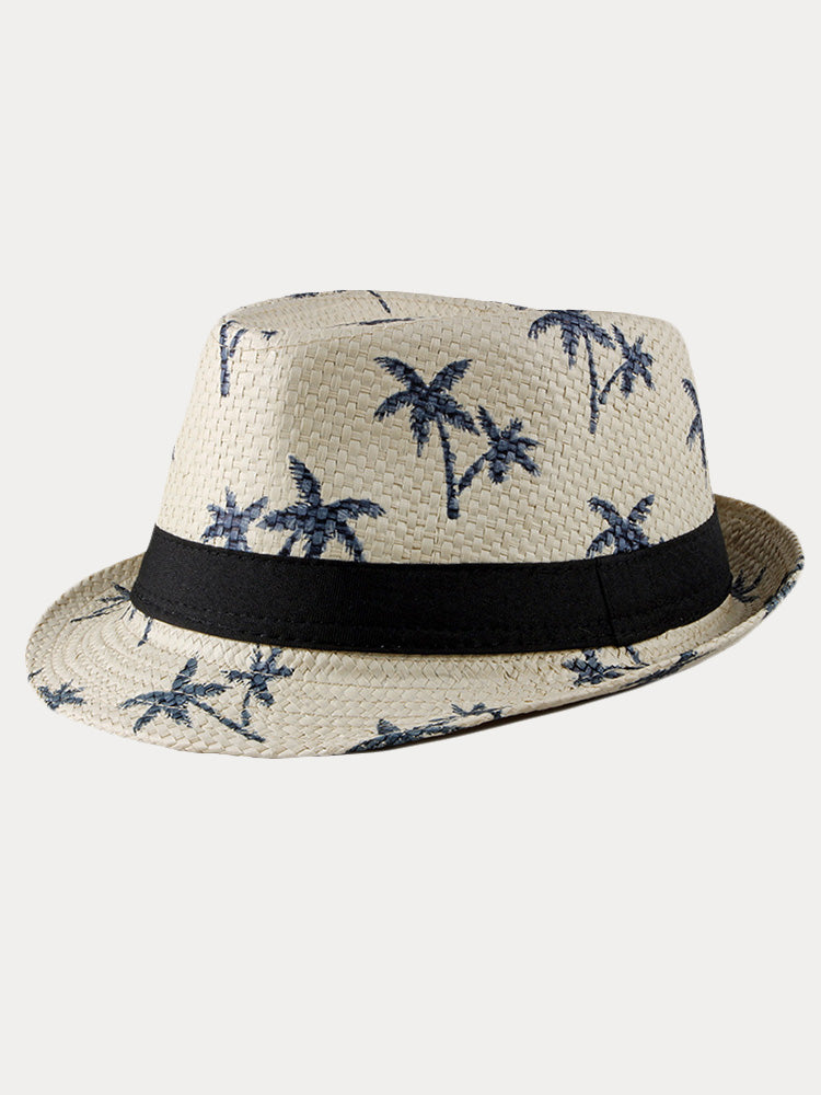 Vacation Coconut Tree Print Woven Straw Fedora Hat - Beige