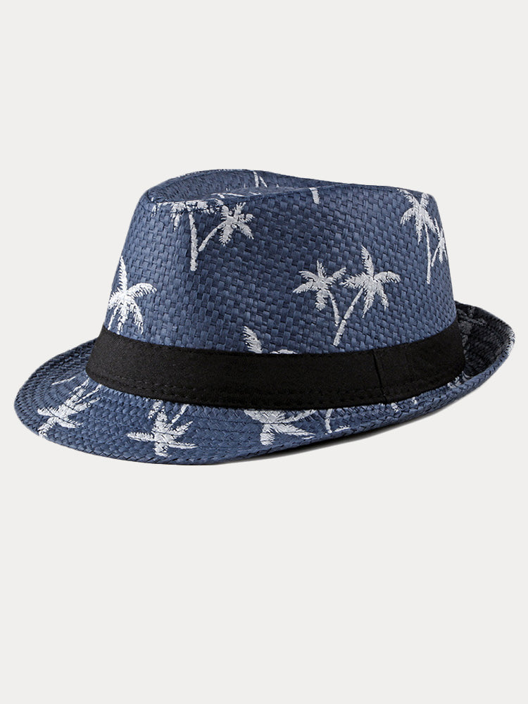 Vacation Coconut Tree Print Woven Straw Fedora Hat - Blue