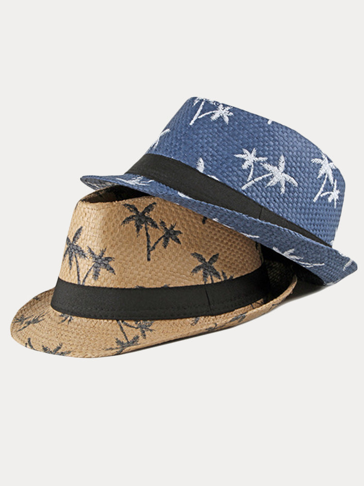 Vacation Coconut Tree Print Woven Straw Fedora Hat - Blue