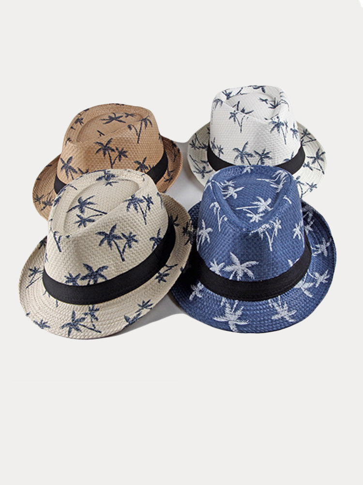 Vacation Coconut Tree Print Woven Straw Fedora Hat - Blue