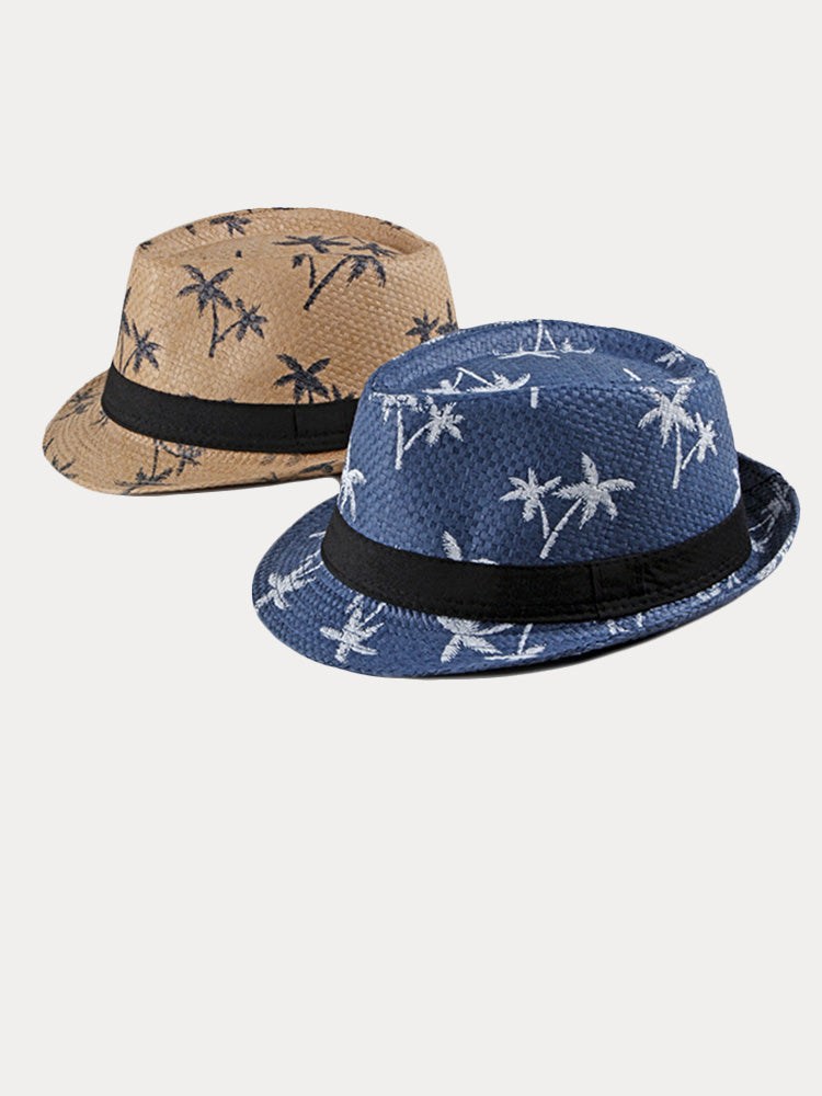 Vacation Coconut Tree Print Woven Straw Fedora Hat - Blue
