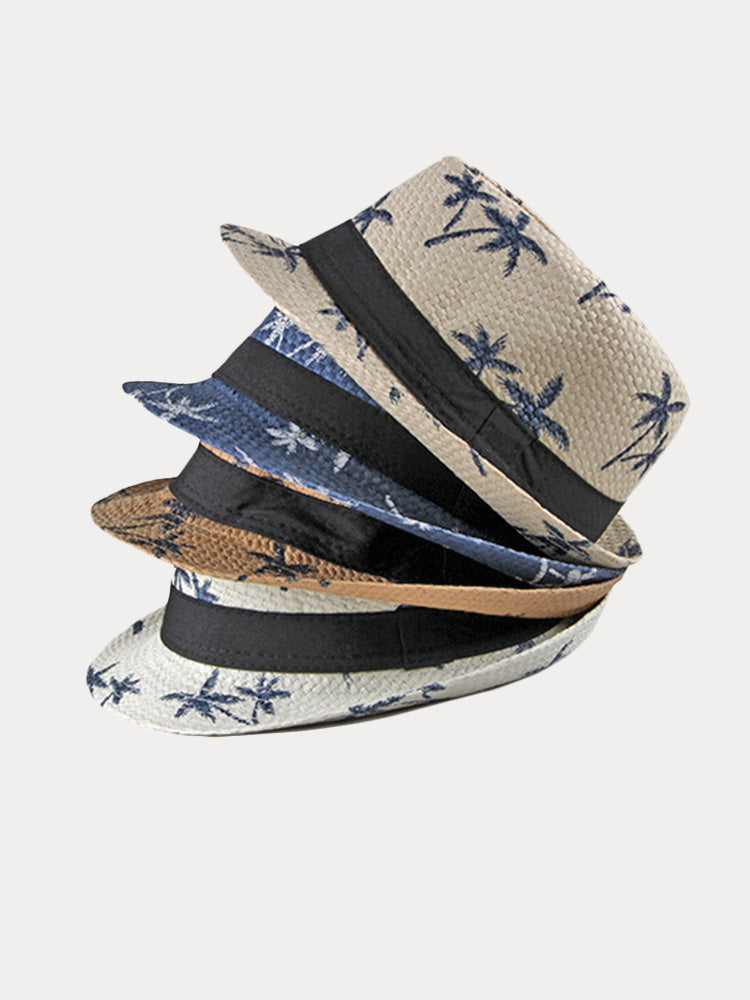Vacation Coconut Tree Print Woven Straw Fedora Hat - Blue