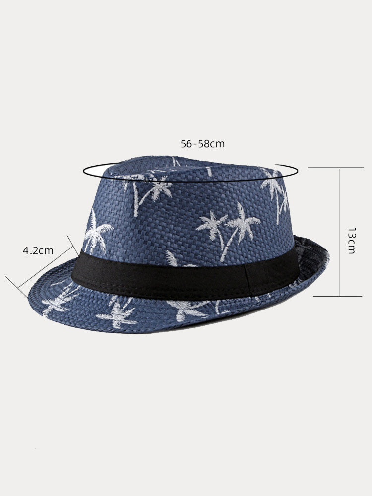Vacation Coconut Tree Print Woven Straw Fedora Hat - Blue