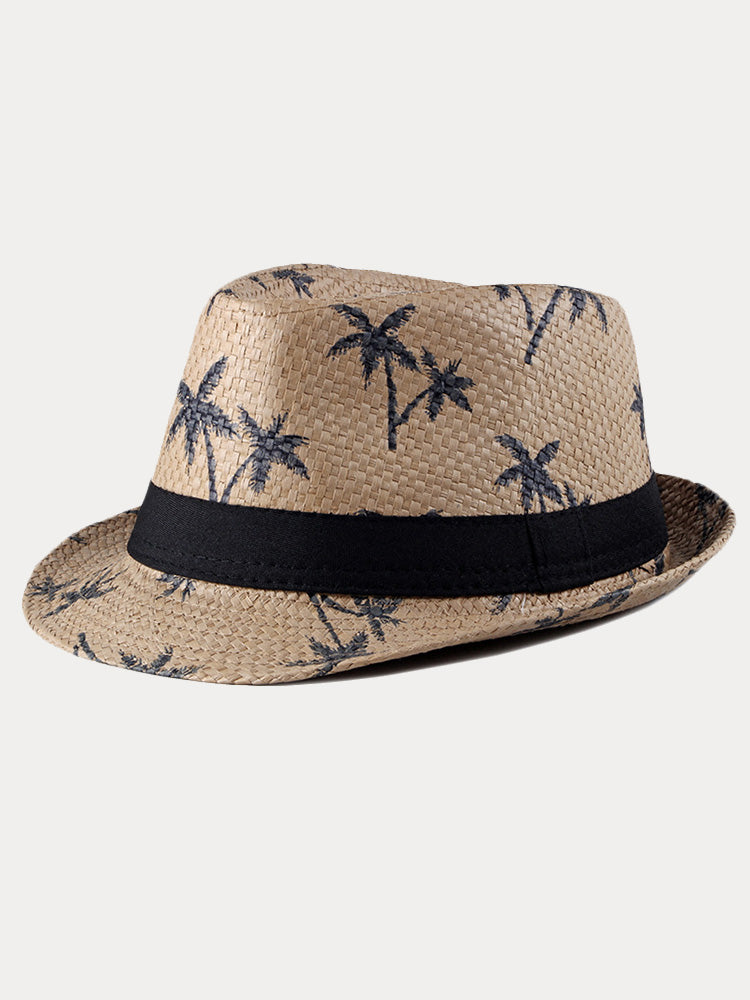 Vacation Coconut Tree Print Woven Straw Fedora Hat - Khaki