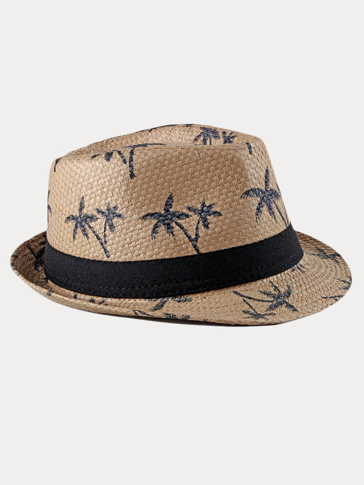 Vacation Coconut Tree Print Woven Straw Fedora Hat - Khaki