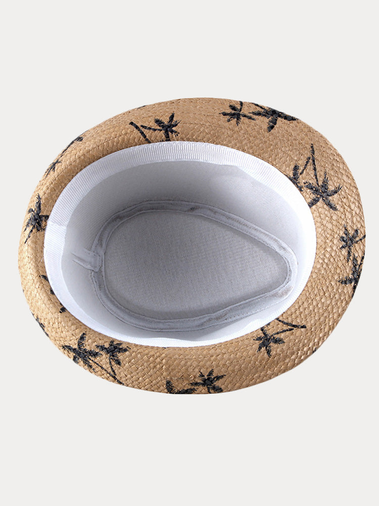 Vacation Coconut Tree Print Woven Straw Fedora Hat - Khaki