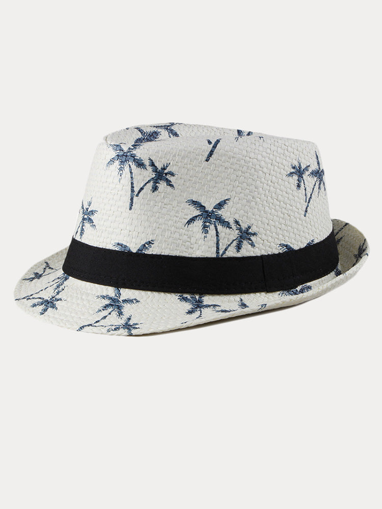 Vacation Coconut Tree Print Woven Straw Fedora Hat - White