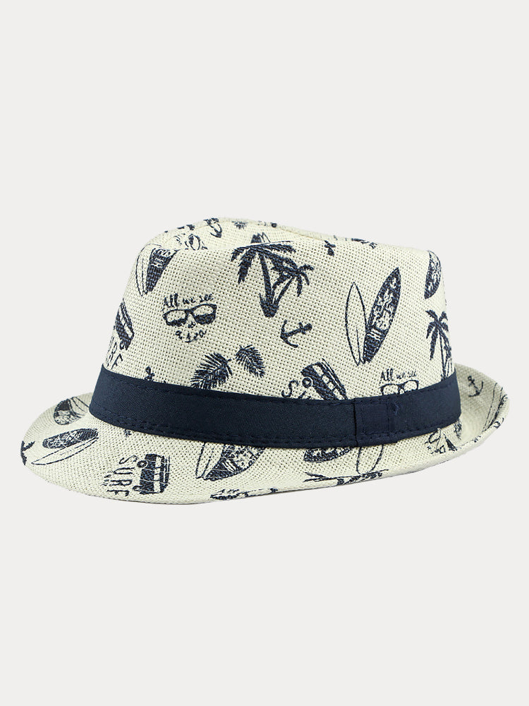 Summer Tropical Print 100% Cotton Fedora Hat - Beige