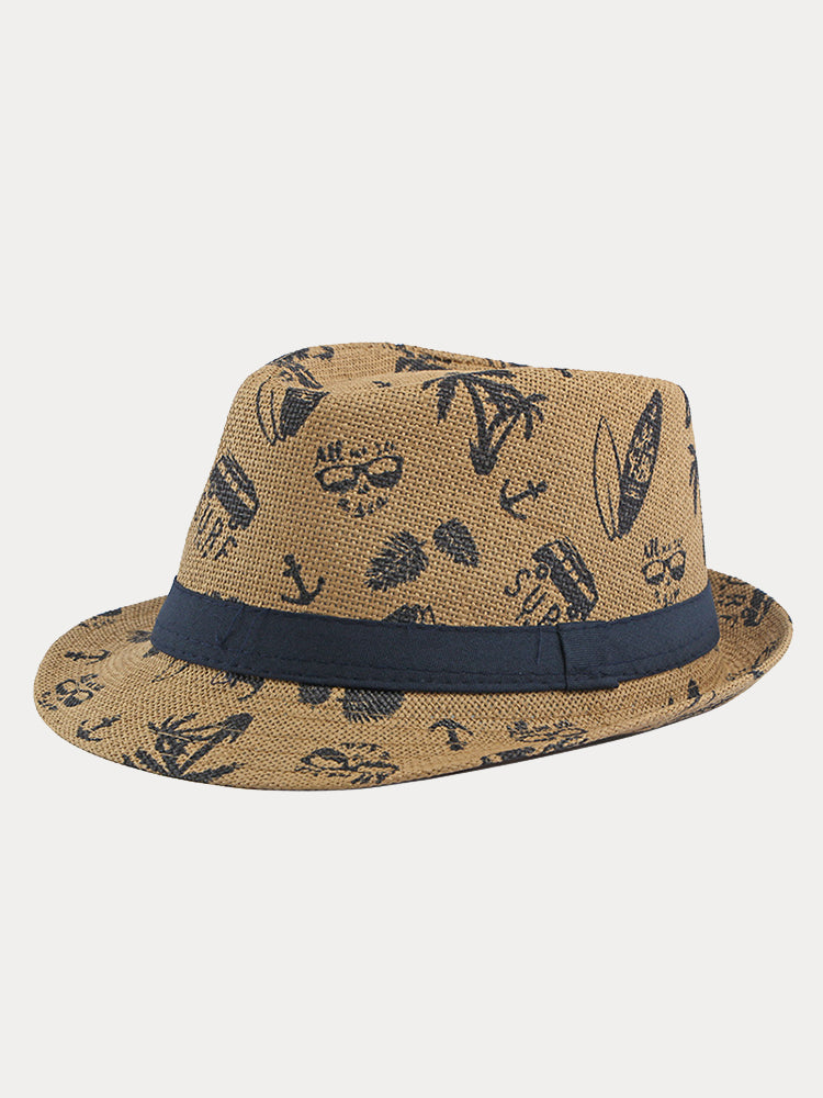 Summer Tropical Print 100% Cotton Fedora Hat - Khaki