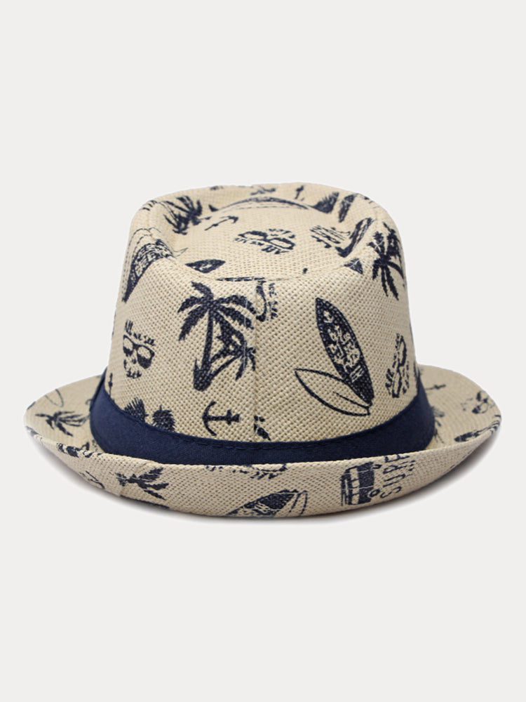 Summer Tropical Print 100% Cotton Fedora Hat - Light Khaki