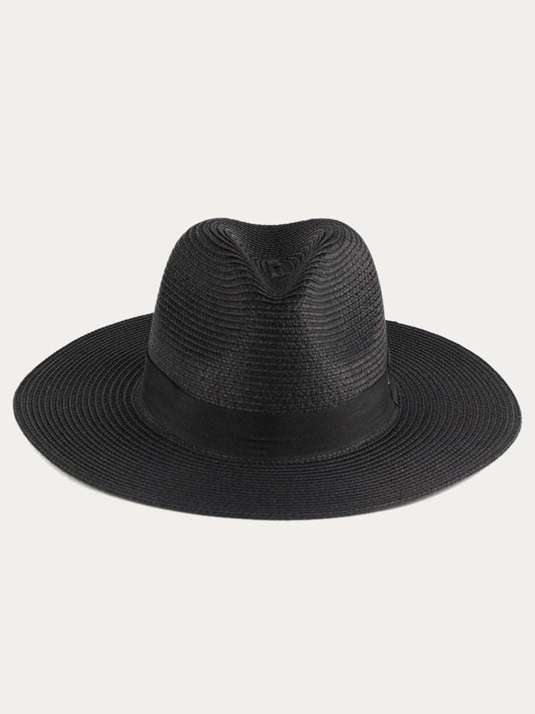Wide Brim Sun Protection Woven Straw Fedora Hat - Black