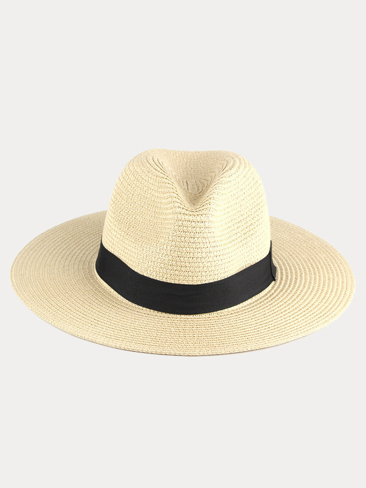 Wide Brim Sun Protection Woven Straw Fedora Hat - Beige