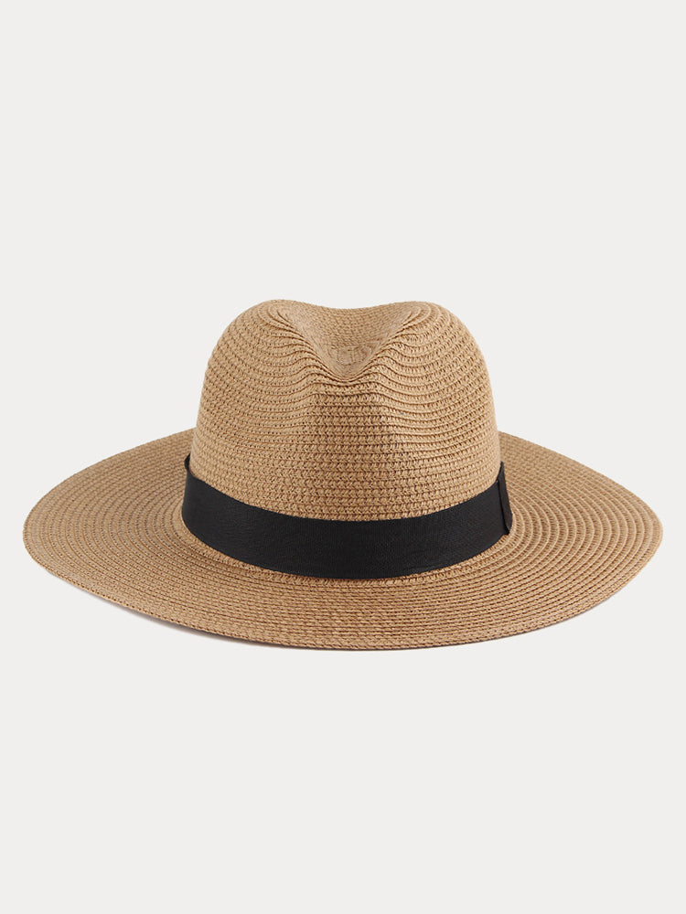 Wide Brim Sun Protection Woven Straw Fedora Hat - Khaki