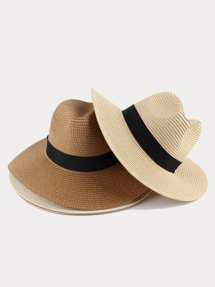 Wide Brim Sun Protection Woven Straw Fedora Hat - Khaki