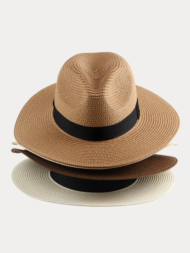 Wide Brim Sun Protection Woven Straw Fedora Hat - Khaki