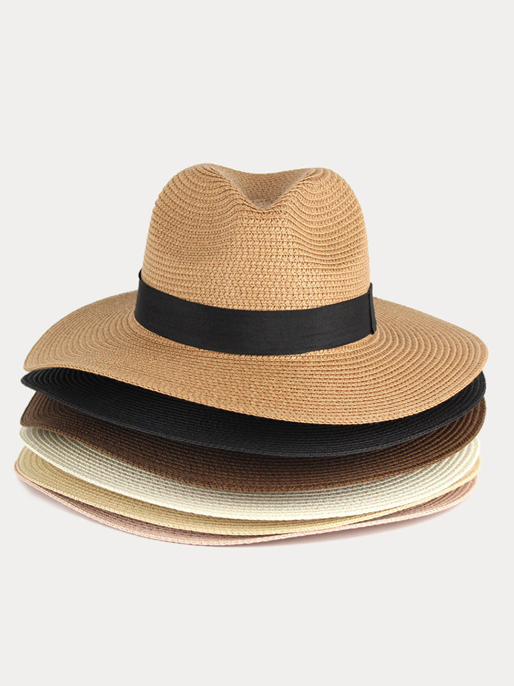 Wide Brim Sun Protection Woven Straw Fedora Hat - Khaki