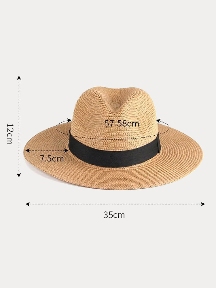 Wide Brim Sun Protection Woven Straw Fedora Hat - Khaki