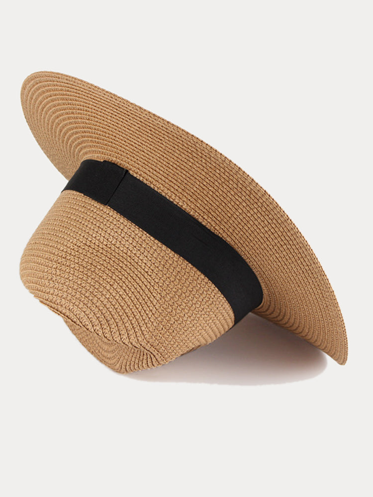 Wide Brim Sun Protection Woven Straw Fedora Hat - Khaki