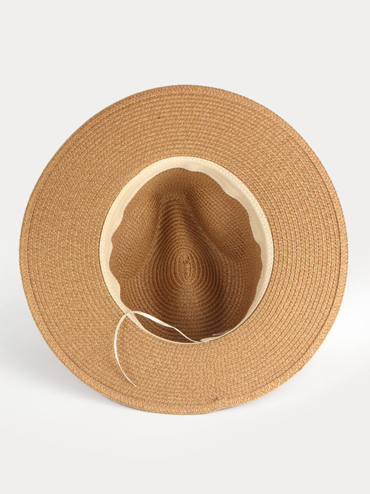 Wide Brim Sun Protection Woven Straw Fedora Hat - Khaki