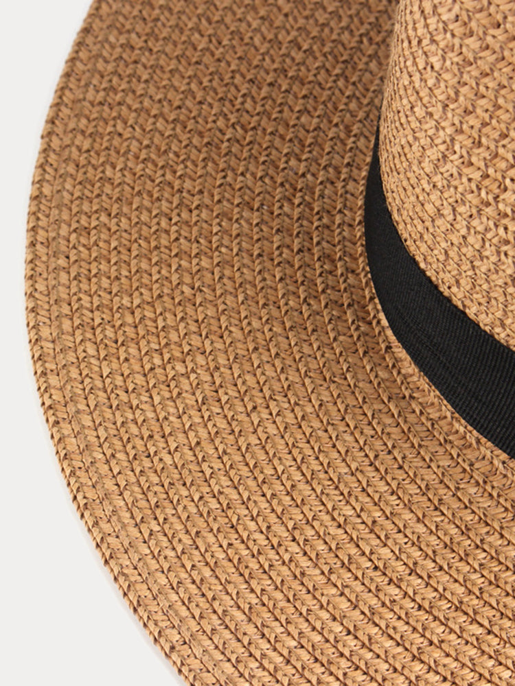 Wide Brim Sun Protection Woven Straw Fedora Hat - Khaki
