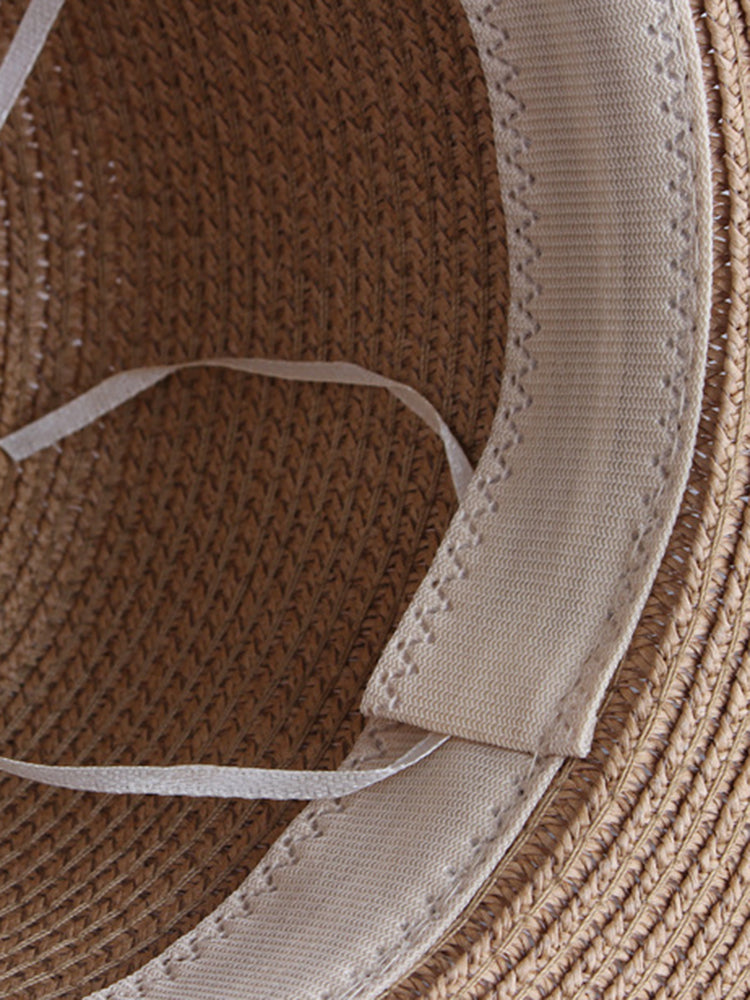 Wide Brim Sun Protection Woven Straw Fedora Hat - Khaki