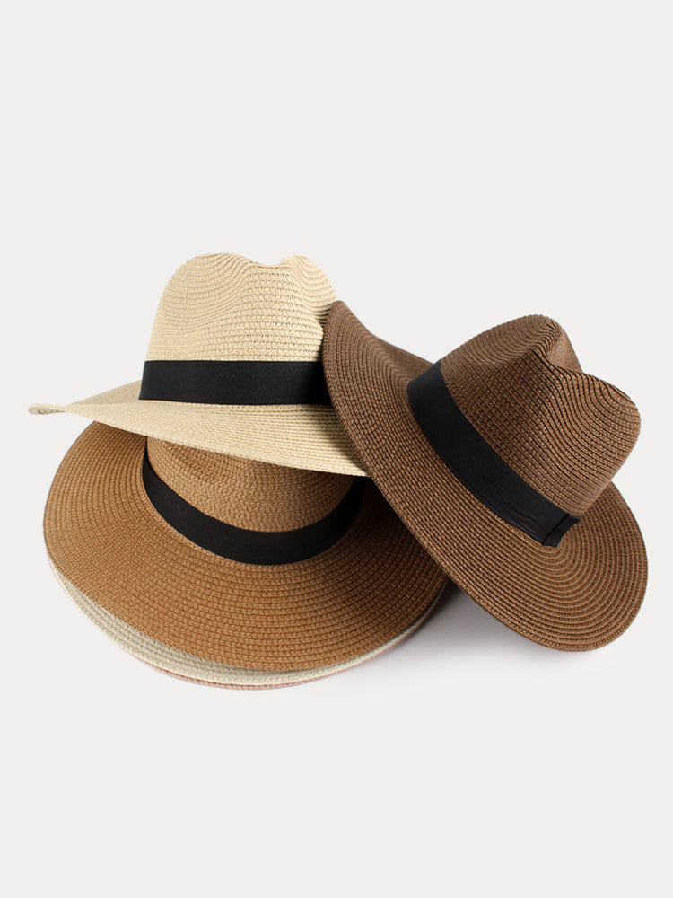 Wide Brim Sun Protection Woven Straw Fedora Hat - Khaki