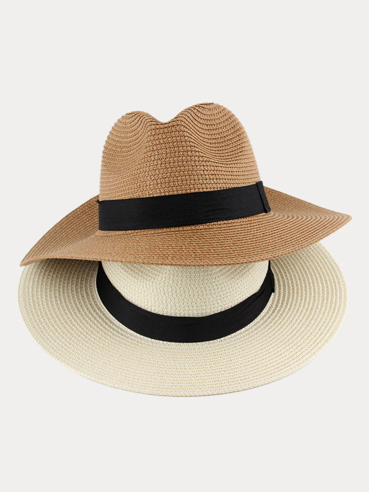 Wide Brim Sun Protection Woven Straw Fedora Hat - Khaki